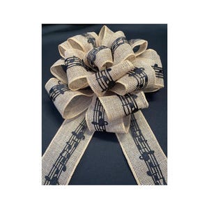 Rustic natural burlap bow with musical notes; large gift or wreath etc with FREE POSTAGE in the UK