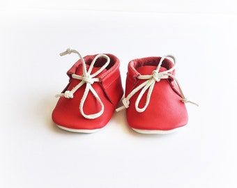 Red with white sole handmade unique leather pre-walking moccasins  baby shoes