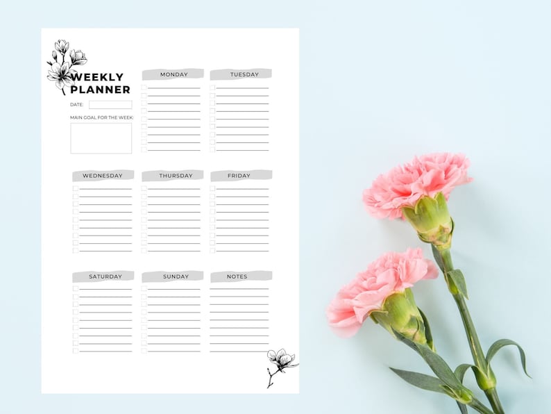 Minimalist 3 US Letter A4 Productivity Planner Printable Weekly Planner Planner Insert Planner Page Floral Week Schedule