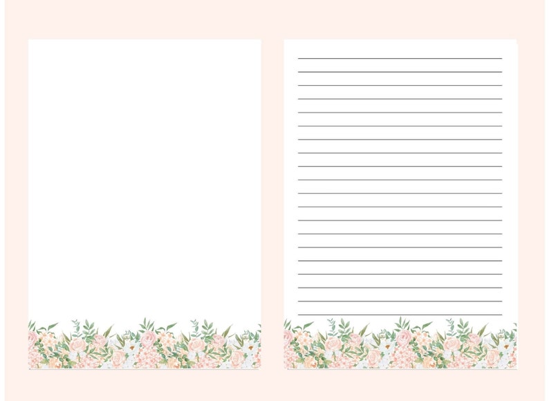 A4 8.5x11 Digital Letter Writing Paper Printable Note Paper Flower Notepad Printable Floral Stationery Paper Lined Unlined
