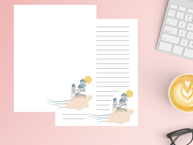 A4 8.5x11 Digital Letter Writing Paper Santorini Notepad Lined Unlined Printable Note Paper Printable Stationery Paper