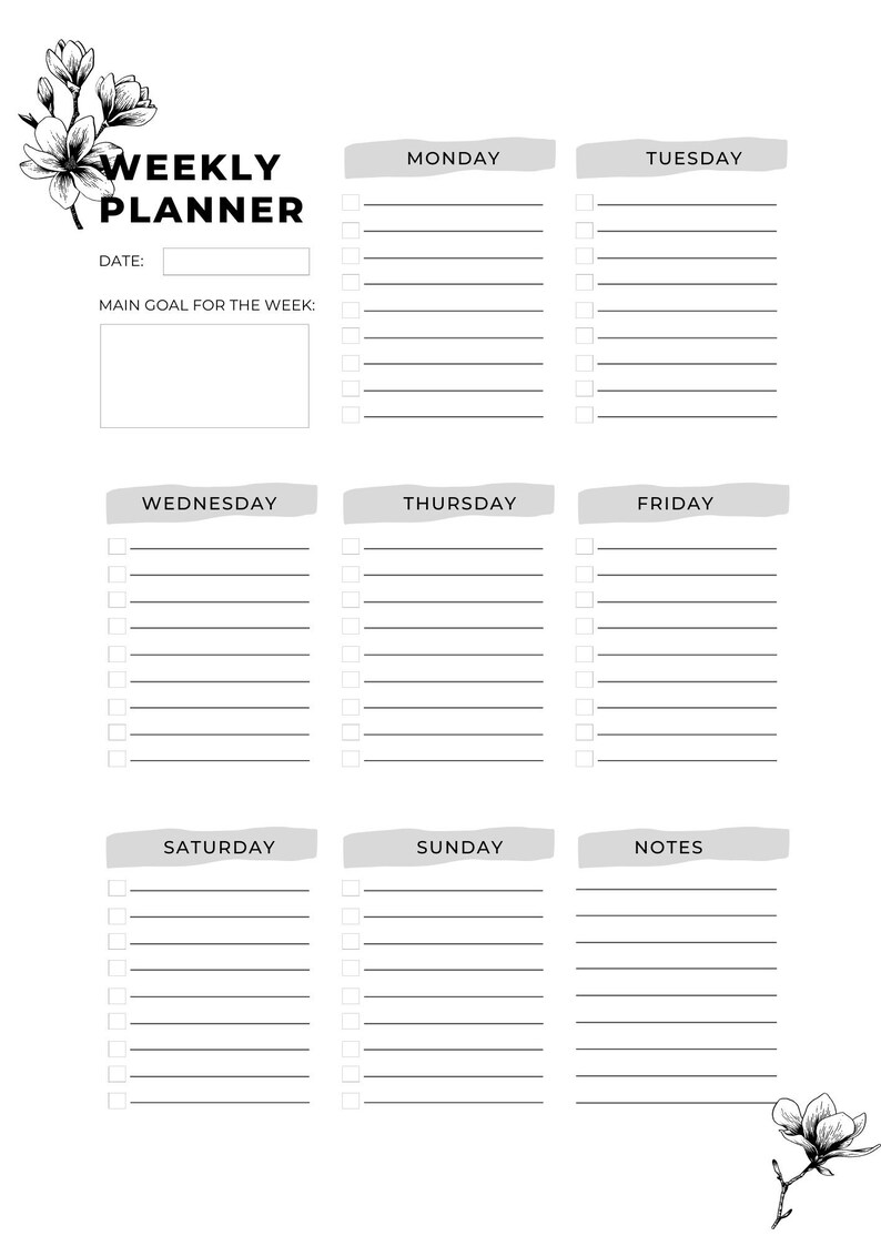 Minimalist 3 US Letter A4 Productivity Planner Printable Weekly Planner Planner Insert Planner Page Floral Week Schedule