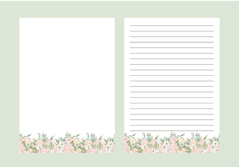 A4 8.5x11 Digital Letter Writing Paper Printable Note Paper Flower Notepad Printable Floral Stationery Paper Lined Unlined