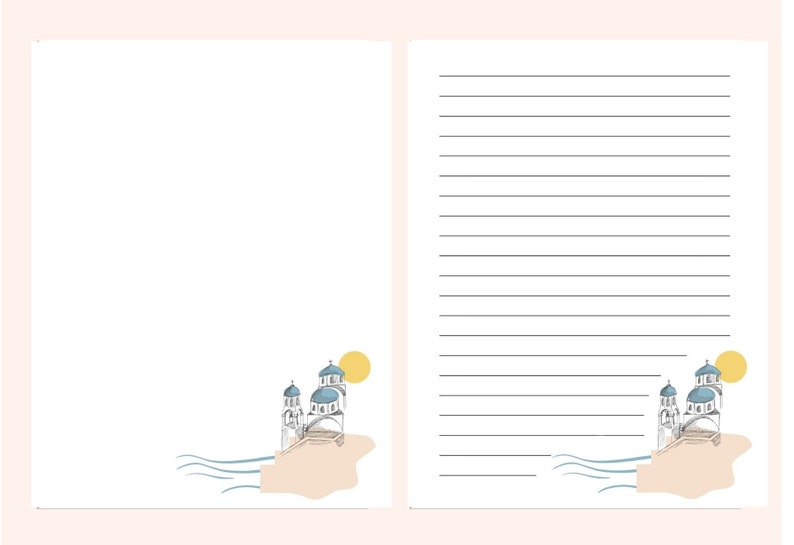 A4 8.5x11 Digital Letter Writing Paper Santorini Notepad Lined Unlined Printable Note Paper Printable Stationery Paper