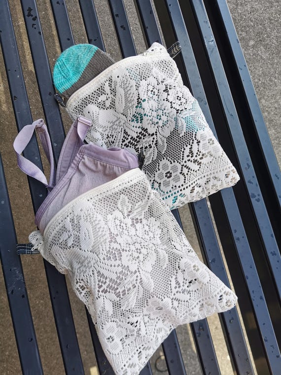 Upcycled Laundry bag from café lace curtains. Use them for delicates, face masks and tiny socks.
