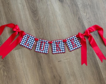 Custom Baby Name Banner – Blue Gingham, Red Embroidery