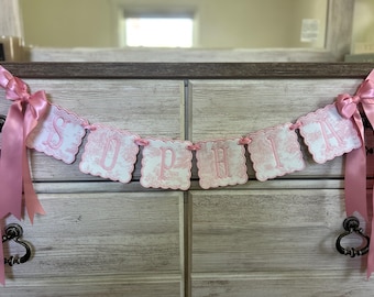 Custom Baby Name Banner - Pink Toile & Embroidered Letters for Baby Girl Nursery, Birthday, or Shower Decor