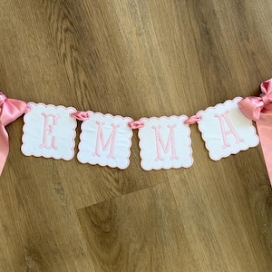 Custom Baby Name Banner - Pink Ribbon & Pink Embroidered Letters for Baby Girl Nursery, Birthday or Shower Decor