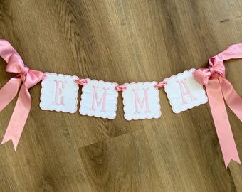 Custom Baby Name Banner - Pink Ribbon & Pink Embroidered Letters for Baby Girl Nursery, Birthday or Shower Decor