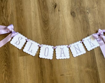 Custom Embroidered Baby Name Banner – Lavender Ribbon, Nursery Decor
