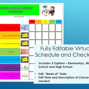 May include: A printable virtual school weekly schedule template with a colorful grid for planning classes. The template includes a section for "Week of" and a date, and a section for "Morning Meeting", "1st Core Workshop", "2nd Core Workshop", "Lunch", "3rd Core Workshop", "Fine Arts/Physical Education", and "Work Time/Office Hours".