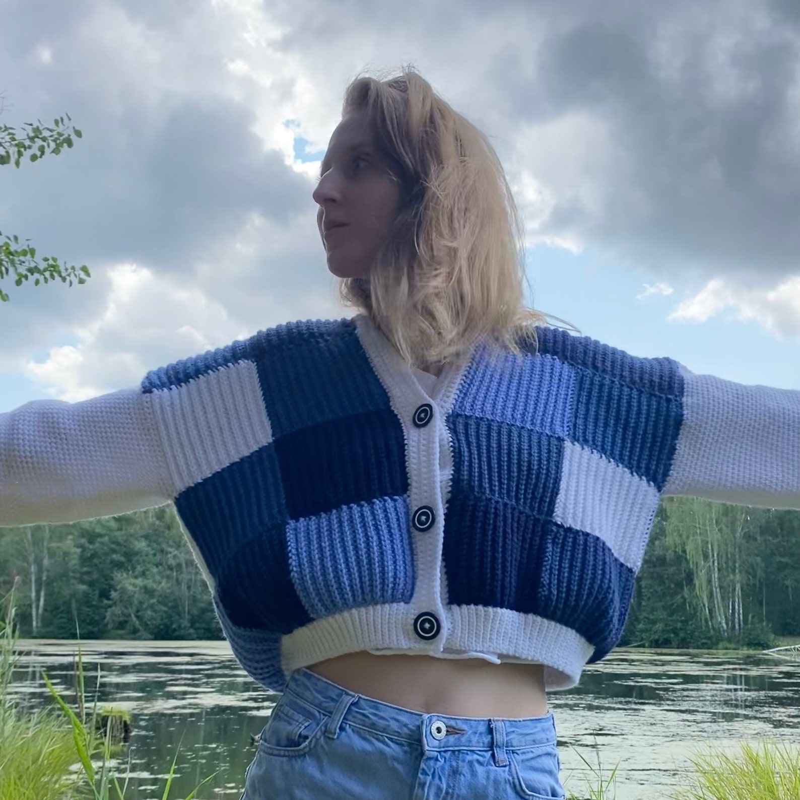 Crochet Cardigan Patchwork Cardigan Blue Sweater | Etsy