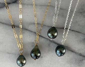 Tahitian Pearl drop necklace 14K Gold filled or 925 Silver necklace