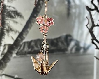 Cherry blossom Origami crane necklace Gold Sakura Japanese