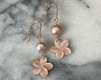 Hawaiian Mini Pink Mother of pearl Plumeria in Gold, Rose Gold or Silver earrings