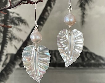 Hawaiian White Anthurium Rainbow Mother of Pearl Gold or Silver earrings