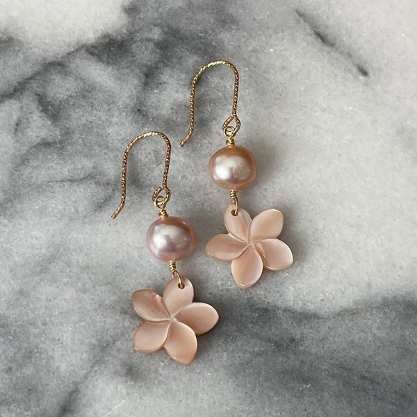 Hawaiian Mini Pink Mother of pearl Plumeria in Gold, Rose Gold or Silver earrings