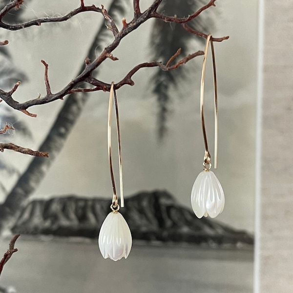 Hawaiian Mother of Pearl Pikake & 14K Gold or Rose Gold Filled or 925 Silver dangle earrings