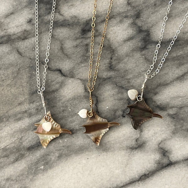Hawaiian Mini Manta Ray Mother of Pearl & Heart with Gold or Silver chain necklace