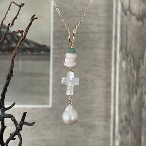 Hawaiian Puka shells, Cross, Edison Pearl & aqua glass necklace