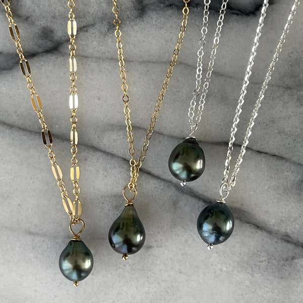 Tahitian Pearl drop necklace 14K Gold filled or 925 Silver necklace