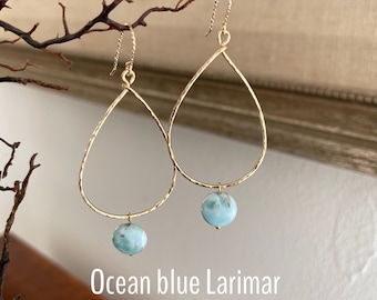 Larimar 14K Gold filled or Sterling Silver hammered hoop Ocean Blue earrings