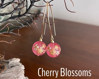 Cherry Blossom Sakura Blue Temari Ball in Gold or Silver V hook earrings