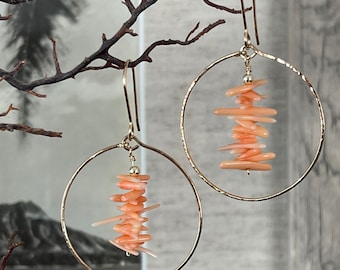 Natural Pink Coral & 14K Gold filled hammered hoops