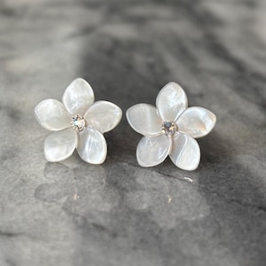 White MoP Plumeria studs sparkle Hawaiian earrings