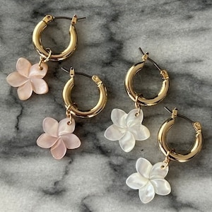 Hawaiian Mini White or Pink Plumeria gold or silver hoop earrings