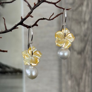 Hawaiian Hibiscus & Edison pearl 14K Gold filled or Sterling Silver dangle earrings