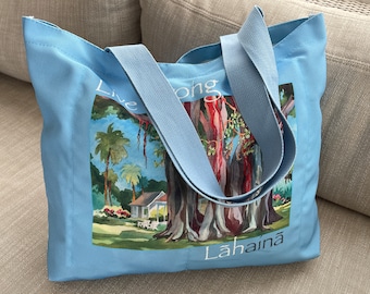 LAHAIANA Maui Banyan Tree Tote shopping bag with 4 wine bottle slots pockets #mauistrong