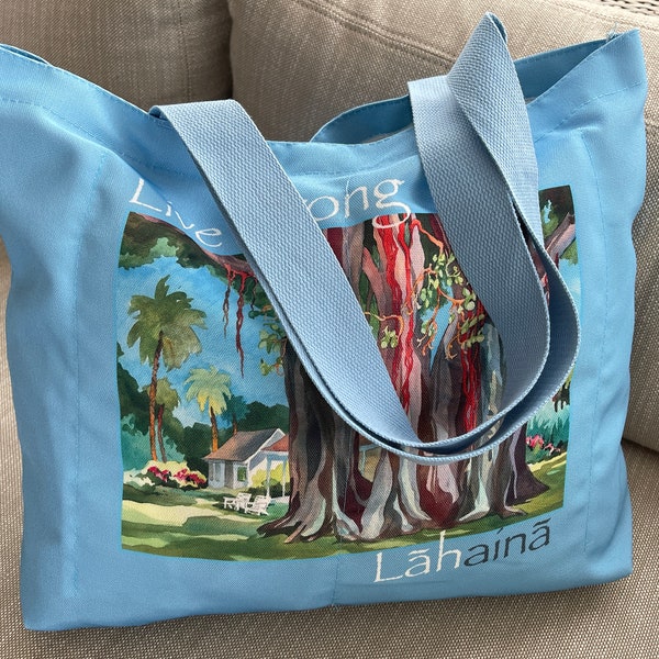 LAHAIANA Maui Banyan Tree Tote shopping bag with 4 wine bottle slots pockets #mauistrong