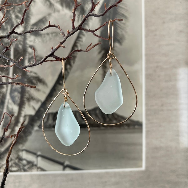 Aqua, Teal, and Clear White Sea Glass "Ice Drops" Gold or Silver Hoops best seller