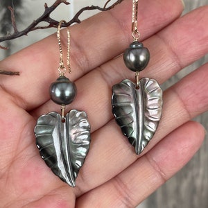 Tahitian pearl Anthurium Black Rainbow Mother of Pearl Gold or Silver earrings Hawaiian