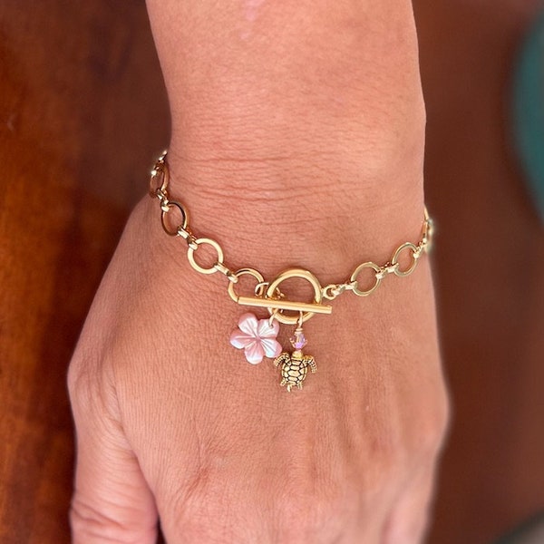 Hawaiian Pink Plumeria & Honu Turtle Charm link bracelet in gold or silver