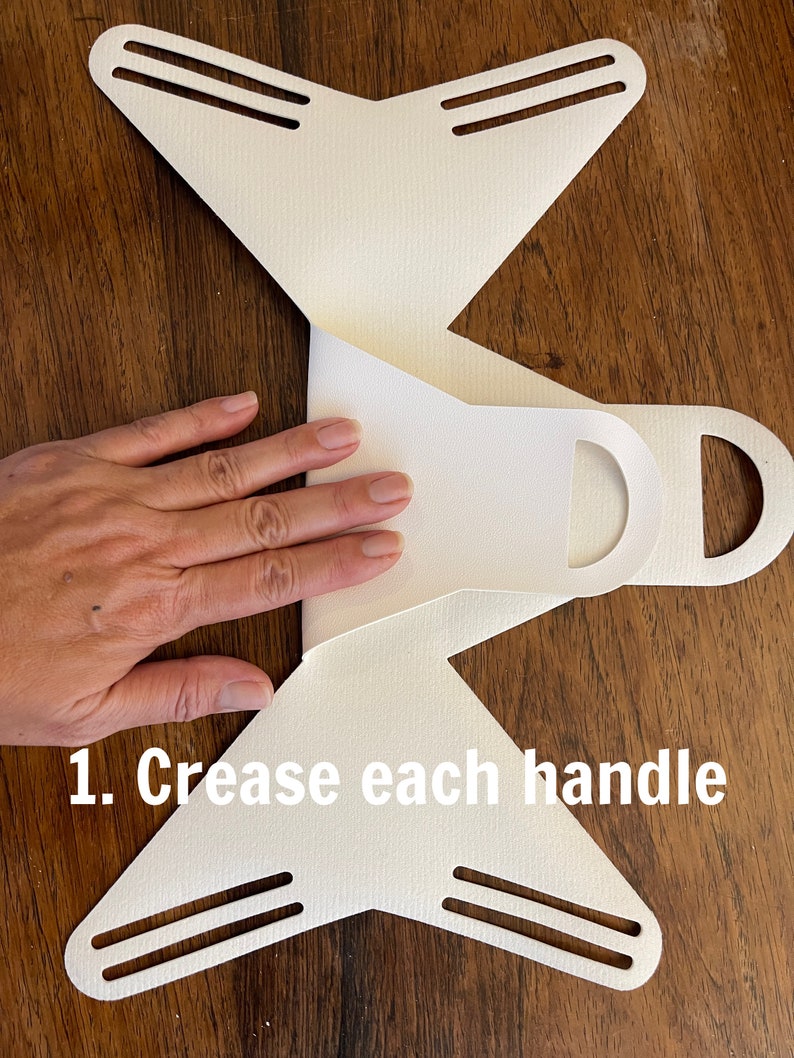 May include: White paper mask with two handles on each side. The text "1. Crease each handle" is printed on the bottom of the mask.