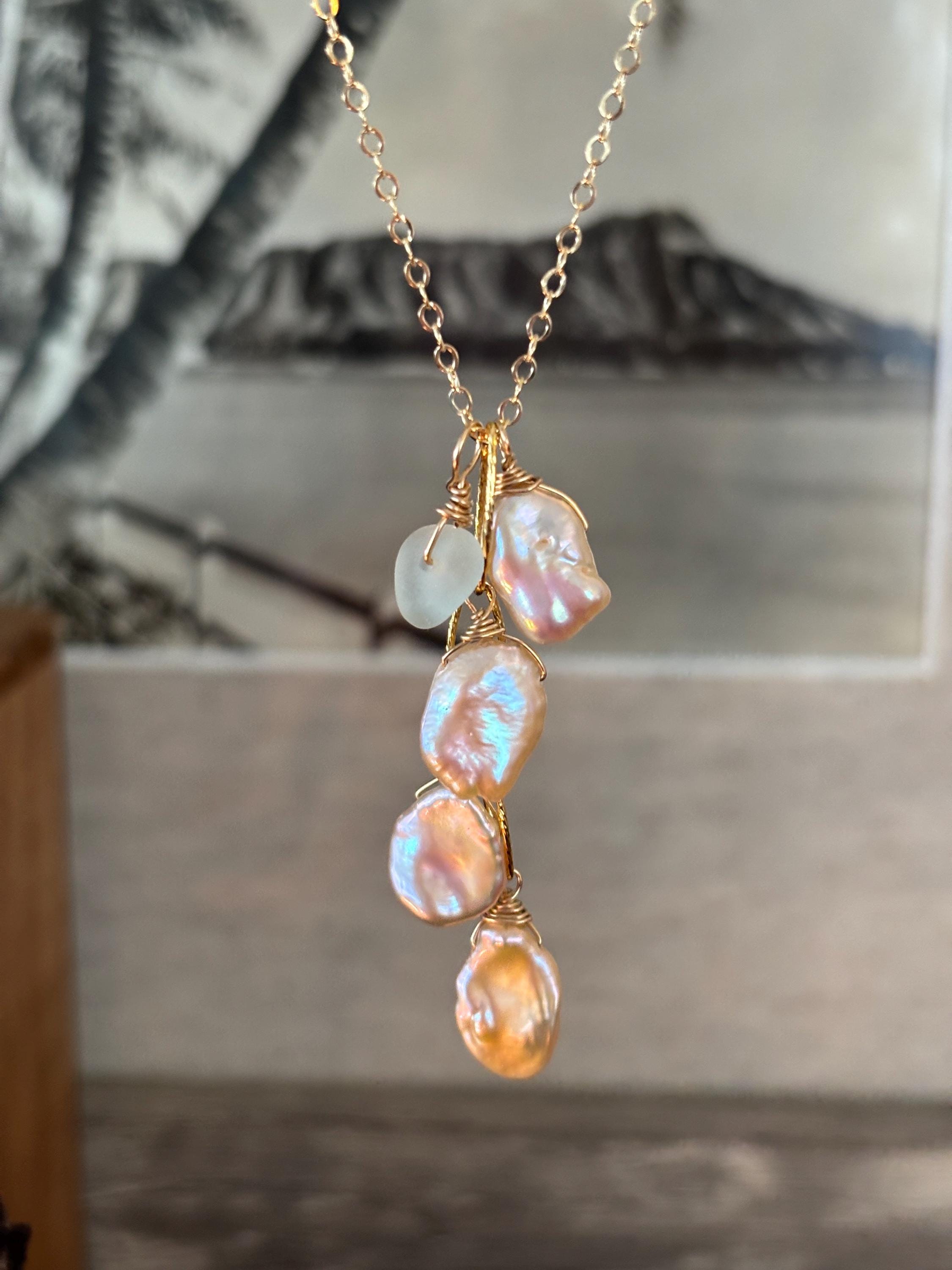 Peach Keshi Perlen und Seeglas 14k gold filled oder 925 Sterling Silber Halskette Hawaii