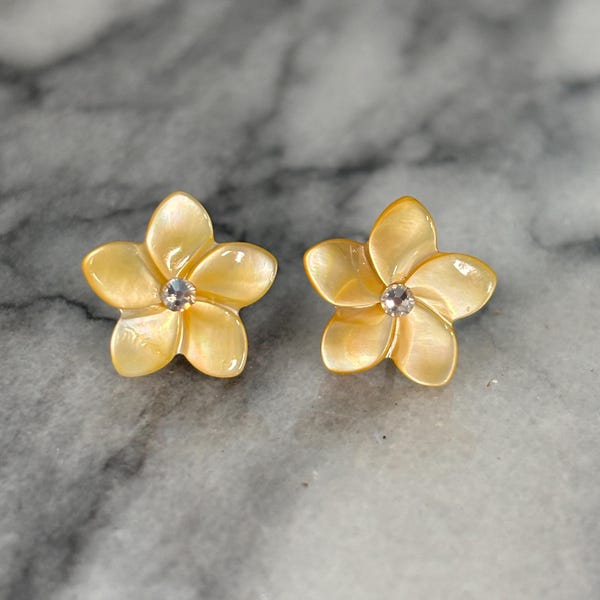 Hawaiian Yellow Plumeria Titanium studs Mini  Mother of Pearl earrings