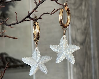 Hawaiian Starfish Mother of Pearl Gold Huggie hoop earrings