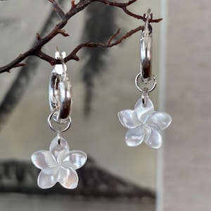 Hawaiian Mini Pink or White Plumeria 925 sterling silver hoop earrings