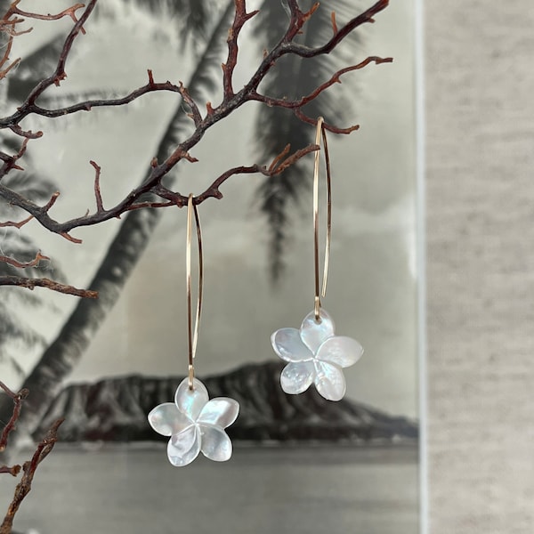 Hawaiian White Plumeria Mother of pearl Silver or Gold V Hook earrings