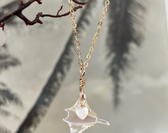 Hawaiian Mini Manta Ray Mother of Pearl & Heart with Gold or Silver chain necklace