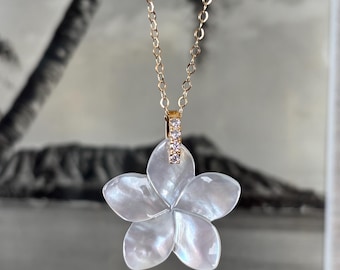 White Plumeria set with earrings & Mother of Pearl Rhinestone Necklace