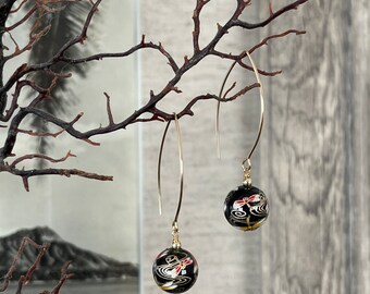 Japanese Dragonfly Black Temari Ball earrings with Red and Yellow