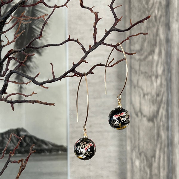 Japanese Dragonfly Black Temari Ball earrings with Red and Yellow