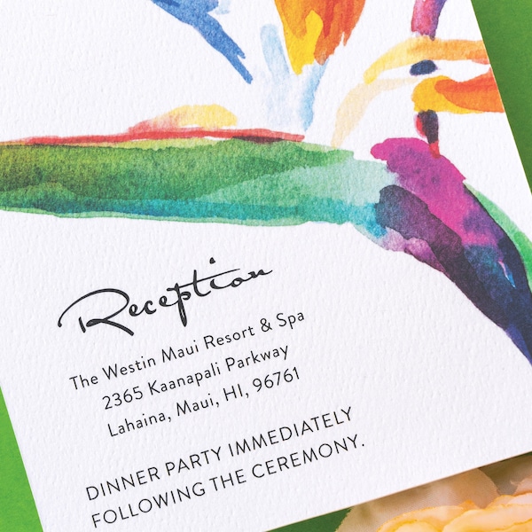 Bird of Paradise Watercolor Destination Wedding Reception Card  - Colorful Floral Printed Reception Details Card (Bird of Paradise Suite)