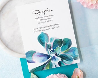 Succulent Watercolor Wedding Reception Card  - Desert Boho Printed Reception Details Card (Succulent Suite)