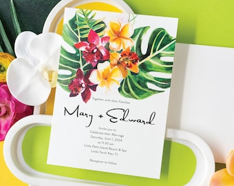 Tropical Watercolor Wedding Invitation: Floral Monstera Bouquet