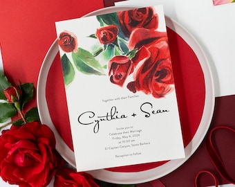 Red Roses Watercolor Wedding Invitation: Floral Rose Painting